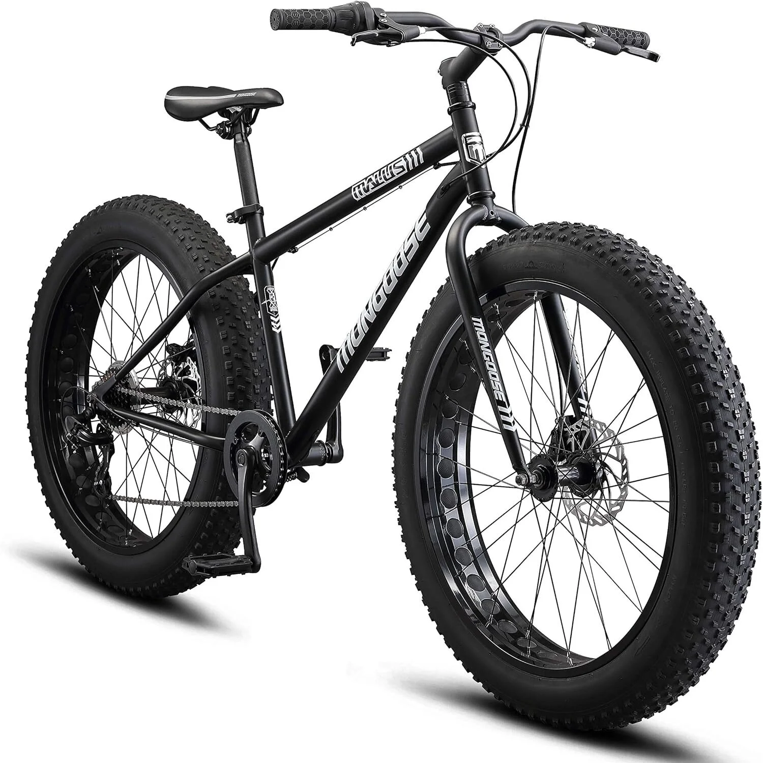 26" Mongoose Malus Mountainbike mit Fatbike-Reifen für Erwachsene, Schwarz